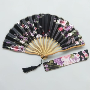 Japanese style black folding fan with pink cherry blossom pattern and matching sleeve