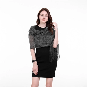 Elegant black evening shawl with shimmering sequins and fringe tassels for women