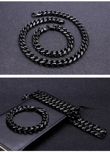 Close-up of matte black stainless steel Cuban link necklace and matching bracelet set