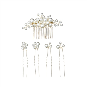 Elegant 5-piece baroque pearl hair pin and comb set with gold wire for bridal wedding
