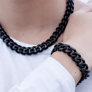 Parure bijoux hiphop homme avec collier et bracelet maille gourmette noire