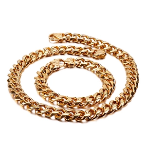 Ensemble collier et bracelet à mailles cubaines dorées polies pour hommes