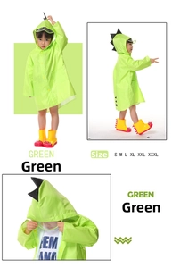 Detail of dinosaur raincoat with clear brim, yellow snap buttons and 3D fin hood
