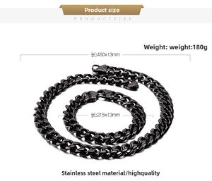 Spécifications détaillées du kit collier et bracelet maille gourmette en acier noir
