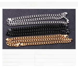 Three-piece stainless steel Cuban chain set in gold, black, and steel with lobster clasp