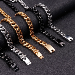 Men's hip-hop stainless steel Cuban link chains in silver, gold, and black colors