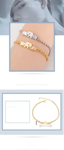 Macro detail of the elephant family charms on a minimalist stainless steel chain bracelet
