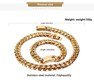 Detail view of 12mm gold Cuban link necklace and bracelet set in polished stainless steel