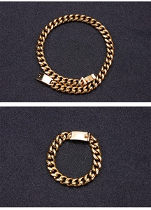 Detailed view of a gold stainless steel Cuban chain bracelet with a square clasp