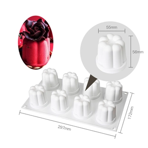 Macro view of 8-cavity white silicone mousse mold with detailed size dimensions