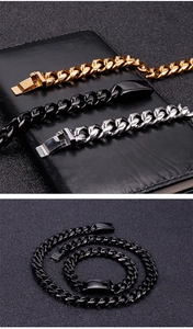 Detailed view of Cuban link bracelets in gold, black, and silver finishes with box clasps