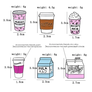 Detailed view of six cartoon drink pins with dimensions and eco-friendly zinc alloy material