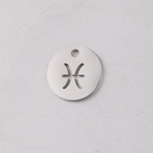 Detailed close-up of a 12mm stainless steel circular charm with a cutout Pisces zodiac symbol