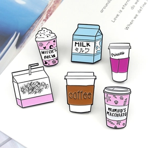 Kawaii enamel pins set featuring milk box and coffee cup designs for denim jackets