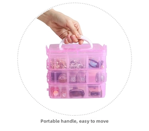 Three-layer pink storage box with portable handle for jewelry and cosmetics
