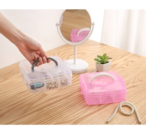 Three-layer clear plastic jewelry storage box with handle on a wooden vanity table