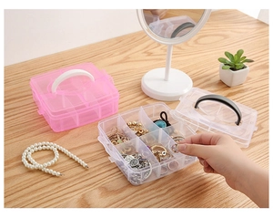 Close-up of portable three-layer plastic storage box for jewelry and cosmetics