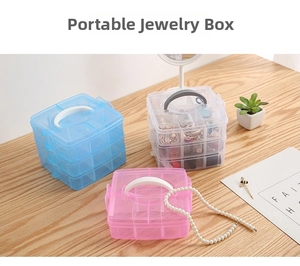 Three-tier stackable plastic jewelry box with dividers and handles in pink, blue, and white