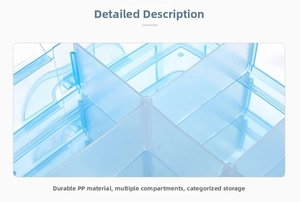 Detail of durable PP material dividers in a light blue transparent jewelry storage box
