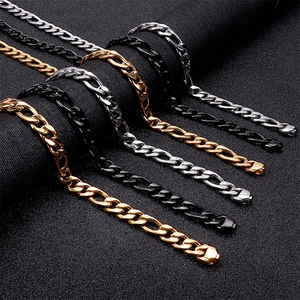 Flat curb link stainless steel chain bracelets in gold, silver and black finishes