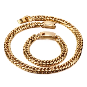 Golden stainless steel Cuban chain necklace and bracelet set on a white background