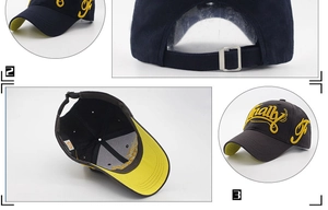 Detail of navy cotton baseball cap with yellow embroidery and adjustable metal buckle back