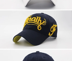 Detailed view of navy blue cotton baseball cap with 3D yellow letter embroidery