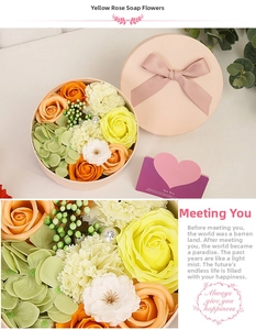 Detailed macro view of yellow soap roses and hydrangea in a pink round gift box