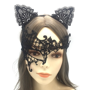 Serre-tête oreilles de chat en dentelle noire et loup demi-masque pour bal costumé
