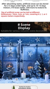 Guide for artificial snow powder showing mixing ratios and festive winter decor scene