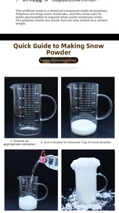 Macro detail of making instant snow powder showing white powder expanding in a beaker