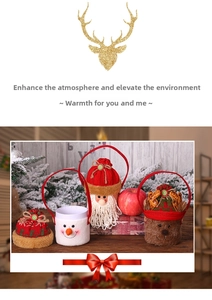 Detailed close-up of 3D knit Christmas gift baskets with snowman and Santa Claus figures