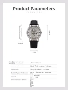 Skeleton dial quartz watch for men featuring a black leather strap and 39mm case