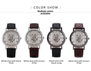 Various hollow mechanical style men watches with leather straps in four color options