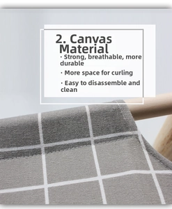 Detail of durable grey plaid canvas fabric and solid wood support poles for cat hammock