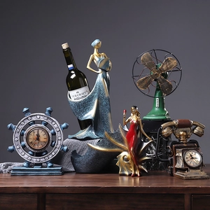 Retro resin home decor set featuring nautical clock, wine rack, and vintage art ornaments