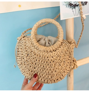 Woven straw handbag for women summer round beach shoulder bag cute casual straw purse
