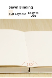 Detail showing the 180-degree lay-flat design and durable stitched binding of the sketchbook