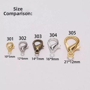 Size comparison chart for zinc alloy lobster clasps in various plating colors for DIY jewelry