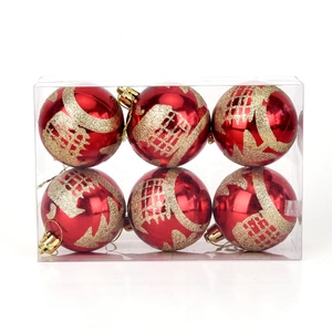 Set of 6 red Christmas balls with gold glitter cedar patterns for tree decoration