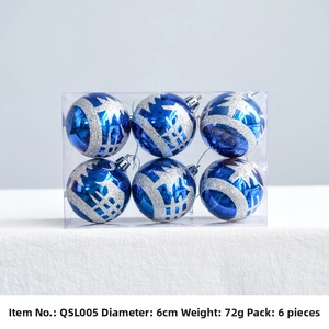 Detail view of 6cm blue Christmas balls with silver glitter reindeer and snowflake patterns