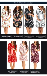 Detalle de estampados de vestidos de maternidad con lunares y flores sobre fondo blanco