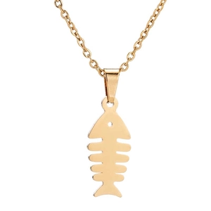 Detailed view of a gold-plated fishbone pendant necklace with a minimalist chain design