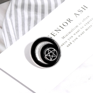 Gothic round enamel brooch with crescent moon and pentagram star design in black and silver
