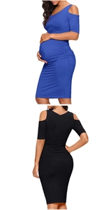 Detail view of off-shoulder maternity pencil dress with side ruching in royal blue and black
