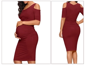 Detailed front and back views of wine red off-shoulder maternity pencil dress with ruched sides