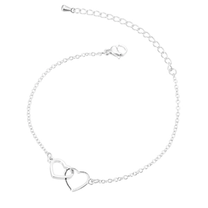 Silver stainless steel bracelet featuring interlocking hollow heart charms on white background