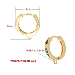 Detail view of gold huggie hoop earring with multi-color zircon and DIY hanging loop
