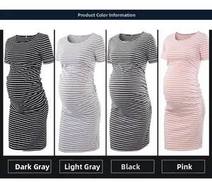 Short sleeve striped maternity dresses in dark grey, light grey, black and pink options