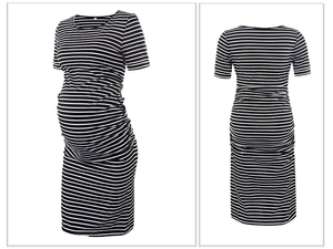 Front and back view of a slim-fit maternity dress with classic black and white stripes
